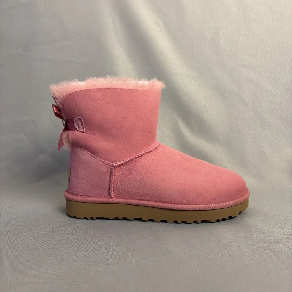 Womens UGG Boots Mini Bailey Bow WBRR Pink Sz 7 Suede Coquette Festival Sold Out - Picture 6 of 15